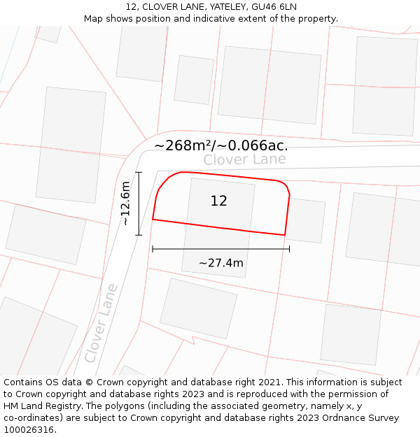 12, CLOVER LANE, YATELEY, GU46 6LN: Plot and title map