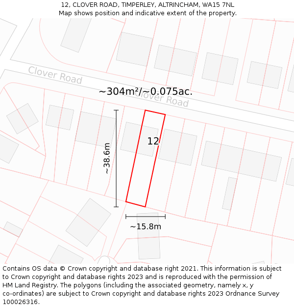 12, CLOVER ROAD, TIMPERLEY, ALTRINCHAM, WA15 7NL: Plot and title map