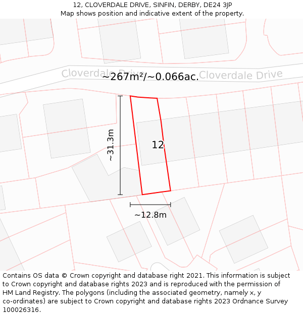 12, CLOVERDALE DRIVE, SINFIN, DERBY, DE24 3JP: Plot and title map