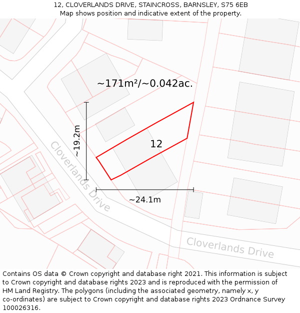 12, CLOVERLANDS DRIVE, STAINCROSS, BARNSLEY, S75 6EB: Plot and title map