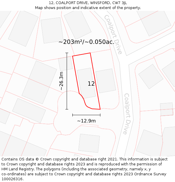 12, COALPORT DRIVE, WINSFORD, CW7 3JL: Plot and title map