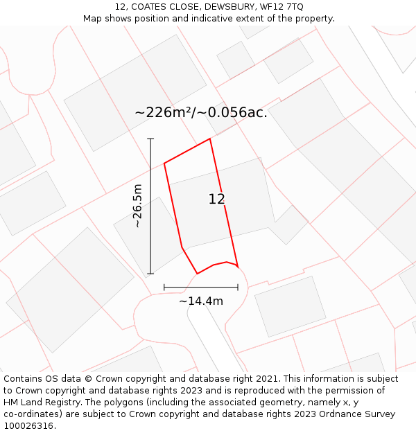 12, COATES CLOSE, DEWSBURY, WF12 7TQ: Plot and title map