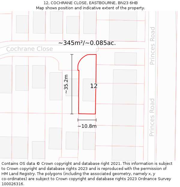 12, COCHRANE CLOSE, EASTBOURNE, BN23 6HB: Plot and title map