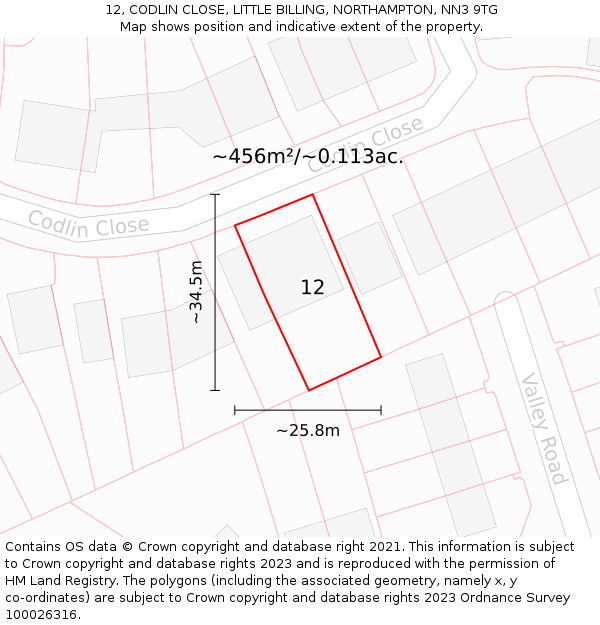 12, CODLIN CLOSE, LITTLE BILLING, NORTHAMPTON, NN3 9TG: Plot and title map