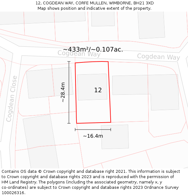12, COGDEAN WAY, CORFE MULLEN, WIMBORNE, BH21 3XD: Plot and title map