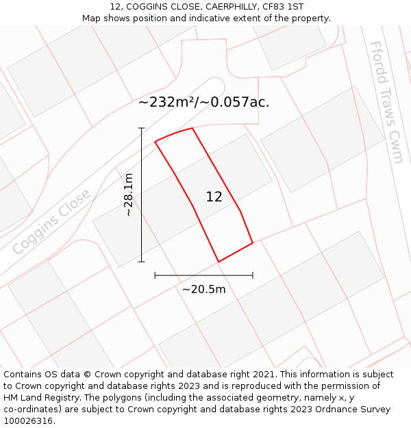 12, COGGINS CLOSE, CAERPHILLY, CF83 1ST: Plot and title map