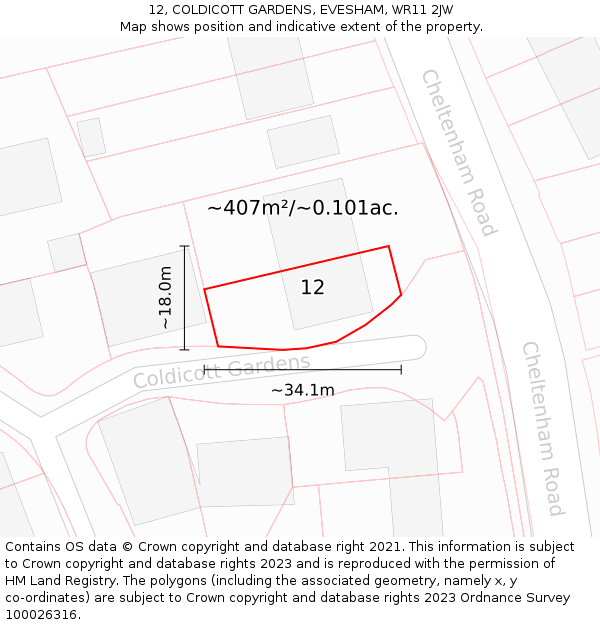 12, COLDICOTT GARDENS, EVESHAM, WR11 2JW: Plot and title map