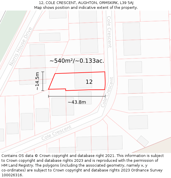 12, COLE CRESCENT, AUGHTON, ORMSKIRK, L39 5AJ: Plot and title map