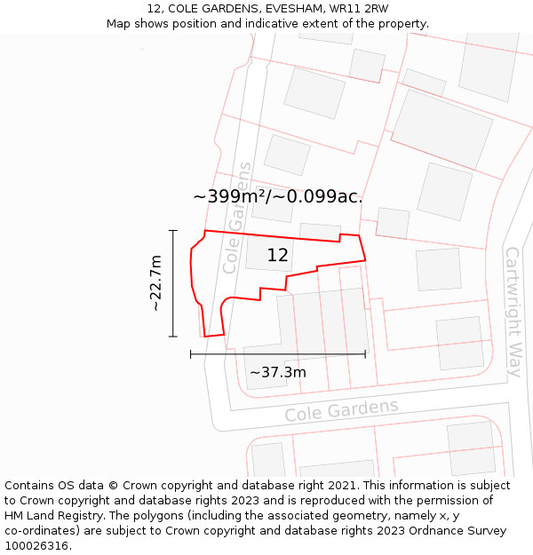 12, COLE GARDENS, EVESHAM, WR11 2RW: Plot and title map