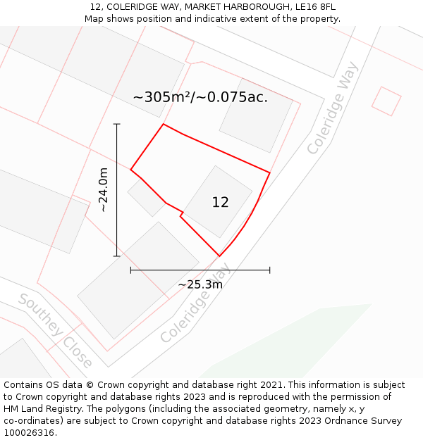12, COLERIDGE WAY, MARKET HARBOROUGH, LE16 8FL: Plot and title map