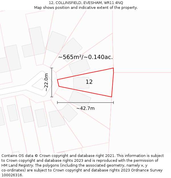 12, COLLINSFIELD, EVESHAM, WR11 4NQ: Plot and title map
