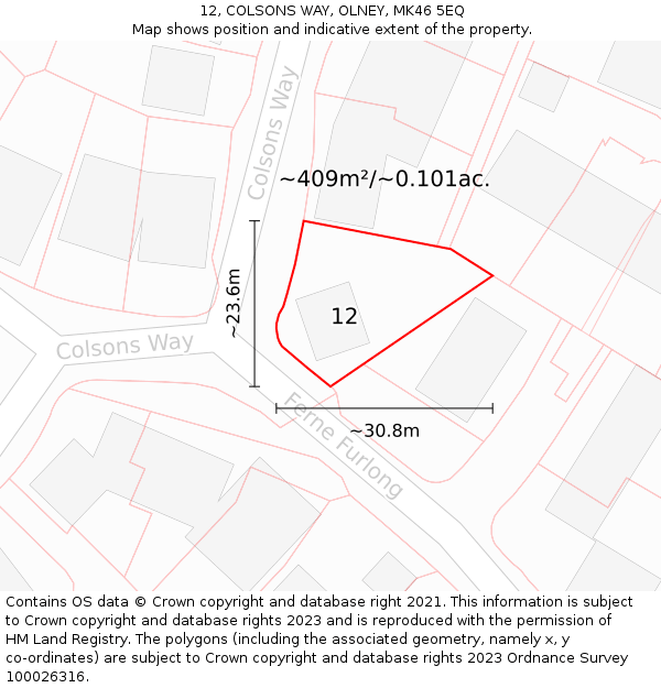 12, COLSONS WAY, OLNEY, MK46 5EQ: Plot and title map