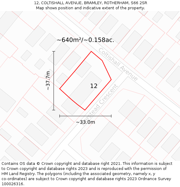 12, COLTISHALL AVENUE, BRAMLEY, ROTHERHAM, S66 2SR: Plot and title map