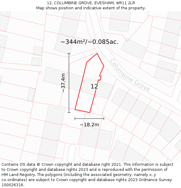 12, COLUMBINE GROVE, EVESHAM, WR11 2LR: Plot and title map
