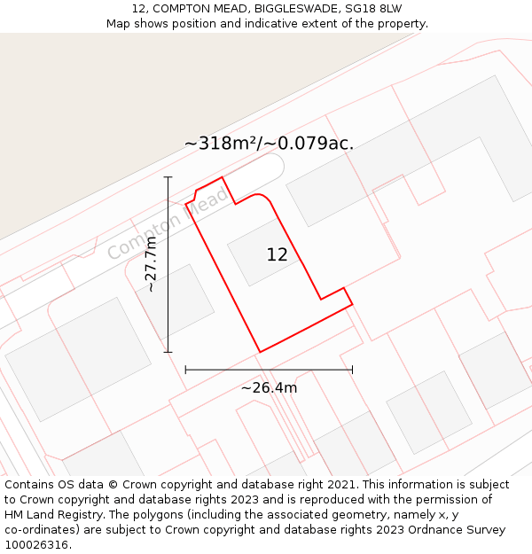 12, COMPTON MEAD, BIGGLESWADE, SG18 8LW: Plot and title map