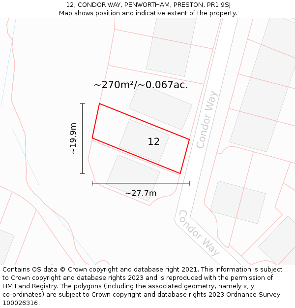 12, CONDOR WAY, PENWORTHAM, PRESTON, PR1 9SJ: Plot and title map
