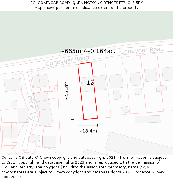 12, CONEYGAR ROAD, QUENINGTON, CIRENCESTER, GL7 5BY: Plot and title map