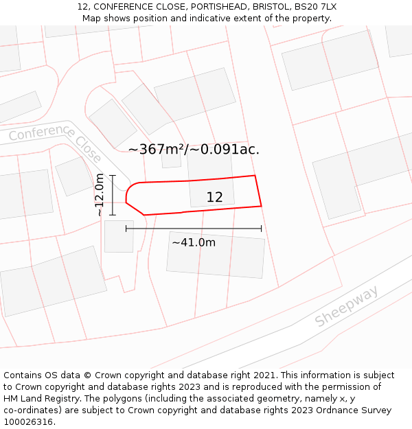 12, CONFERENCE CLOSE, PORTISHEAD, BRISTOL, BS20 7LX: Plot and title map