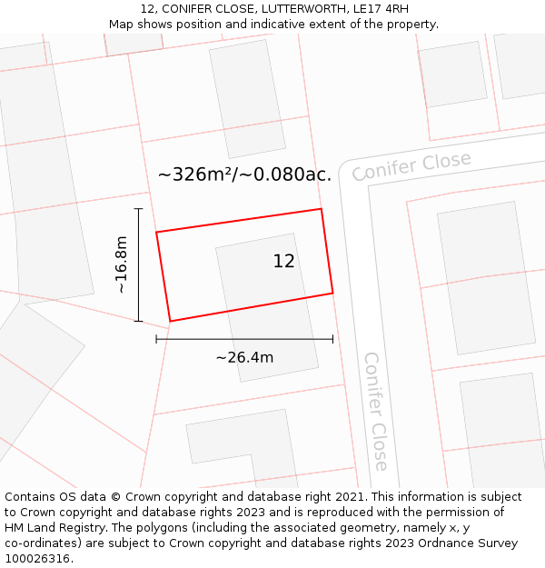 12, CONIFER CLOSE, LUTTERWORTH, LE17 4RH: Plot and title map