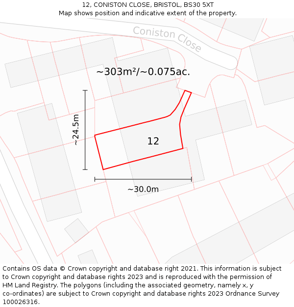12, CONISTON CLOSE, BRISTOL, BS30 5XT: Plot and title map