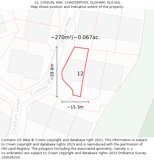 12, CONIVAL WAY, CHADDERTON, OLDHAM, OL9 0QL: Plot and title map