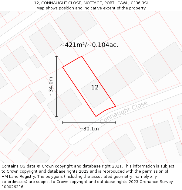 12, CONNAUGHT CLOSE, NOTTAGE, PORTHCAWL, CF36 3SL: Plot and title map