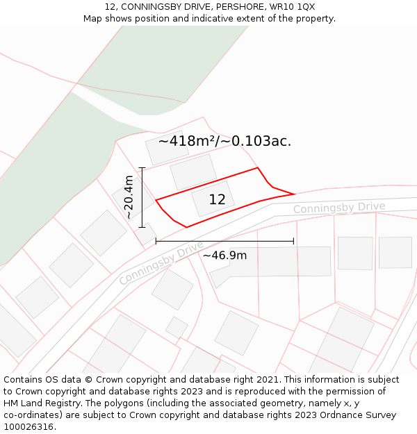 12, CONNINGSBY DRIVE, PERSHORE, WR10 1QX: Plot and title map