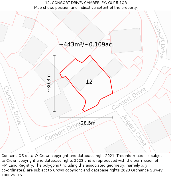 12, CONSORT DRIVE, CAMBERLEY, GU15 1QR: Plot and title map
