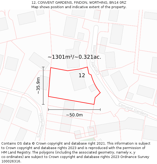 12, CONVENT GARDENS, FINDON, WORTHING, BN14 0RZ: Plot and title map