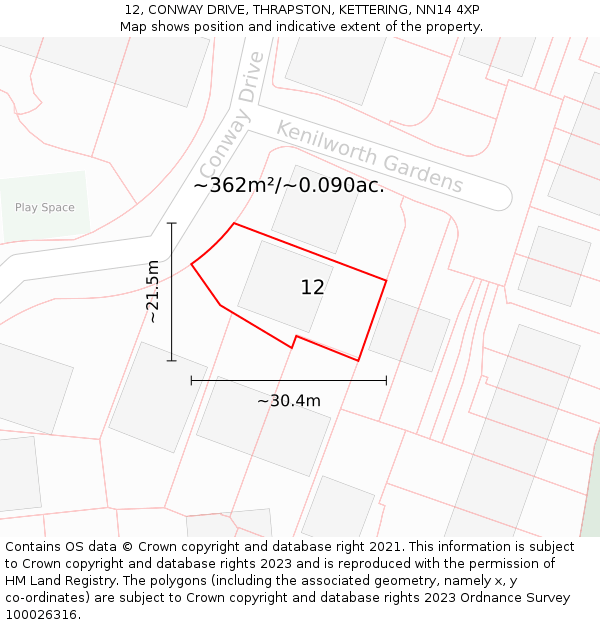 12, CONWAY DRIVE, THRAPSTON, KETTERING, NN14 4XP: Plot and title map