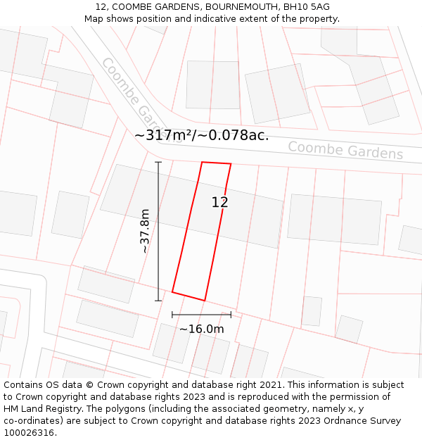 12, COOMBE GARDENS, BOURNEMOUTH, BH10 5AG: Plot and title map