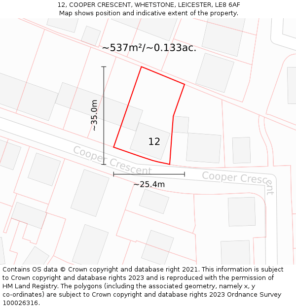 12, COOPER CRESCENT, WHETSTONE, LEICESTER, LE8 6AF: Plot and title map