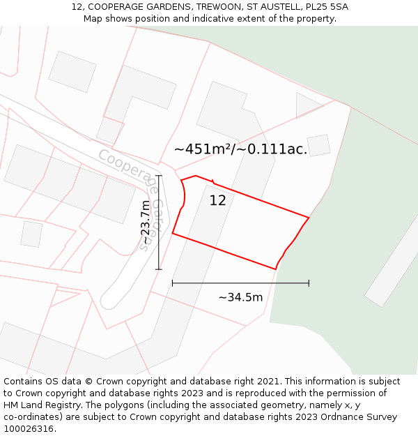 12, COOPERAGE GARDENS, TREWOON, ST AUSTELL, PL25 5SA: Plot and title map