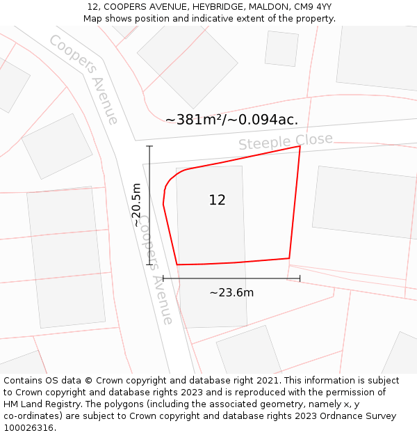12, COOPERS AVENUE, HEYBRIDGE, MALDON, CM9 4YY: Plot and title map
