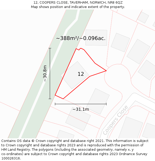 12, COOPERS CLOSE, TAVERHAM, NORWICH, NR8 6QZ: Plot and title map
