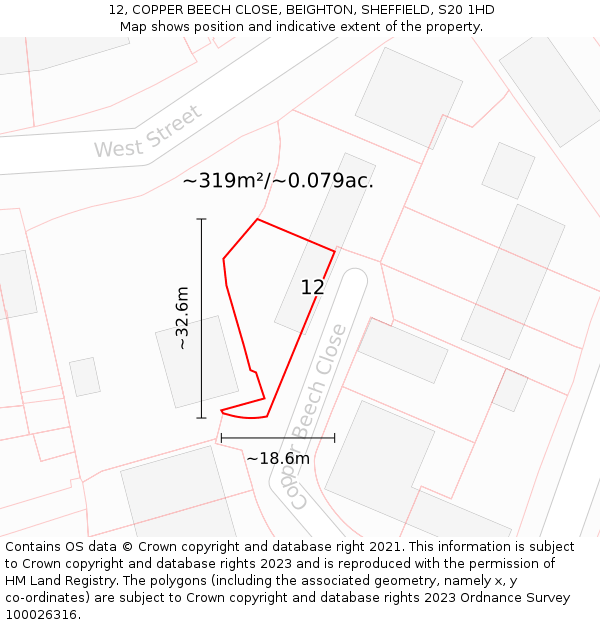 12, COPPER BEECH CLOSE, BEIGHTON, SHEFFIELD, S20 1HD: Plot and title map