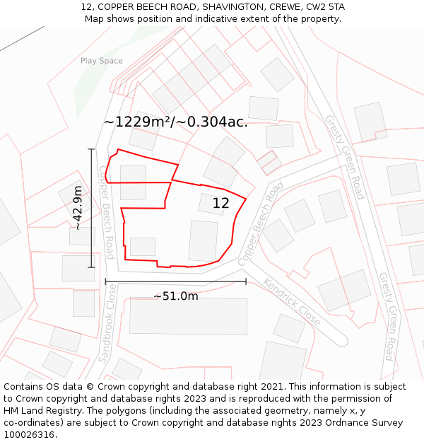 12, COPPER BEECH ROAD, SHAVINGTON, CREWE, CW2 5TA: Plot and title map