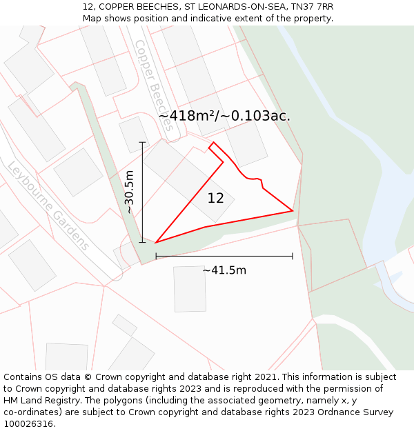 12, COPPER BEECHES, ST LEONARDS-ON-SEA, TN37 7RR: Plot and title map