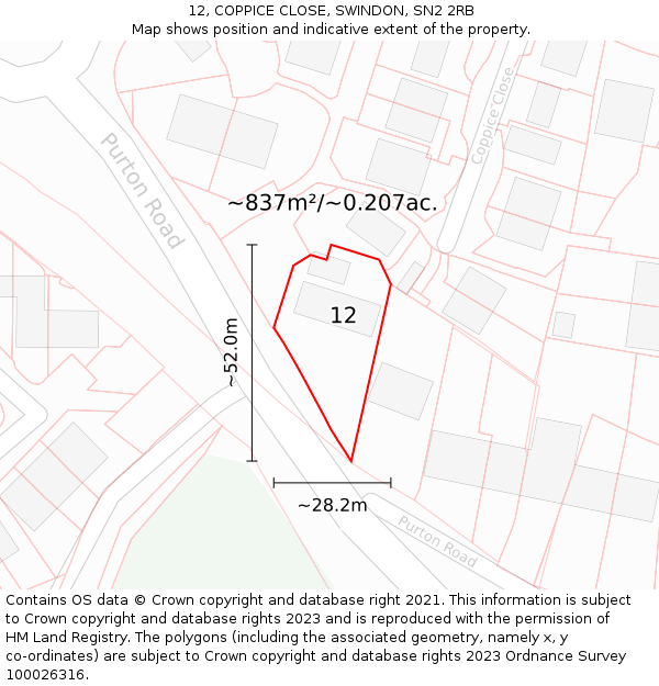12, COPPICE CLOSE, SWINDON, SN2 2RB: Plot and title map