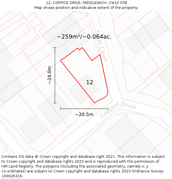 12, COPPICE DRIVE, MIDDLEWICH, CW10 0TB: Plot and title map