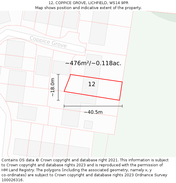 12, COPPICE GROVE, LICHFIELD, WS14 9PR: Plot and title map