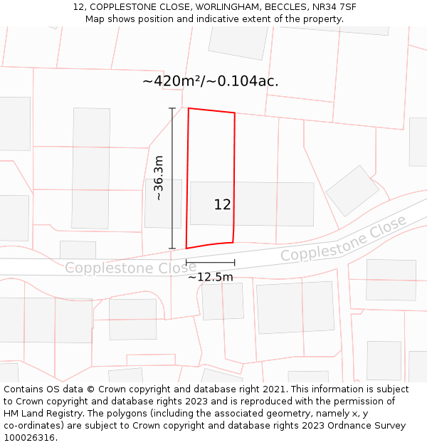 12, COPPLESTONE CLOSE, WORLINGHAM, BECCLES, NR34 7SF: Plot and title map