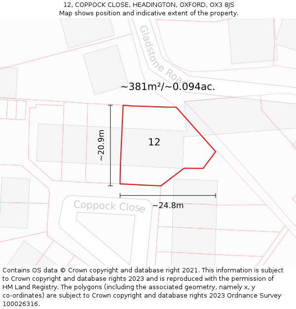 12, COPPOCK CLOSE, HEADINGTON, OXFORD, OX3 8JS: Plot and title map