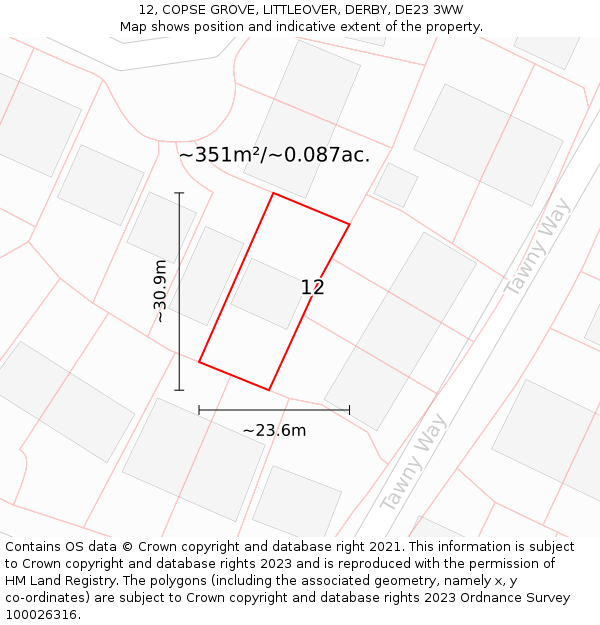12, COPSE GROVE, LITTLEOVER, DERBY, DE23 3WW: Plot and title map