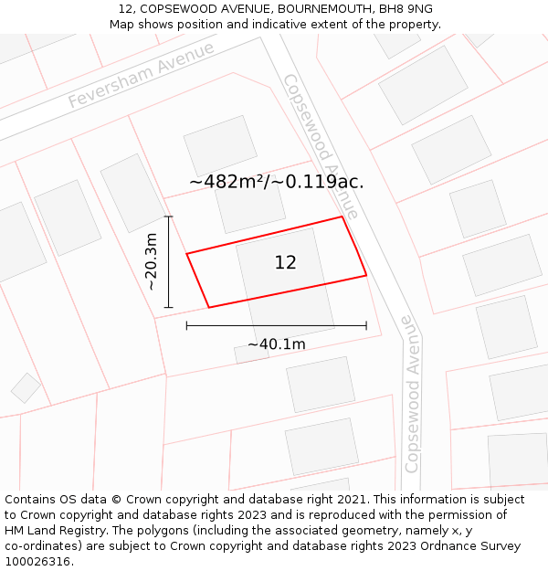 12, COPSEWOOD AVENUE, BOURNEMOUTH, BH8 9NG: Plot and title map