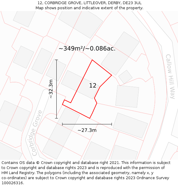 12, CORBRIDGE GROVE, LITTLEOVER, DERBY, DE23 3UL: Plot and title map