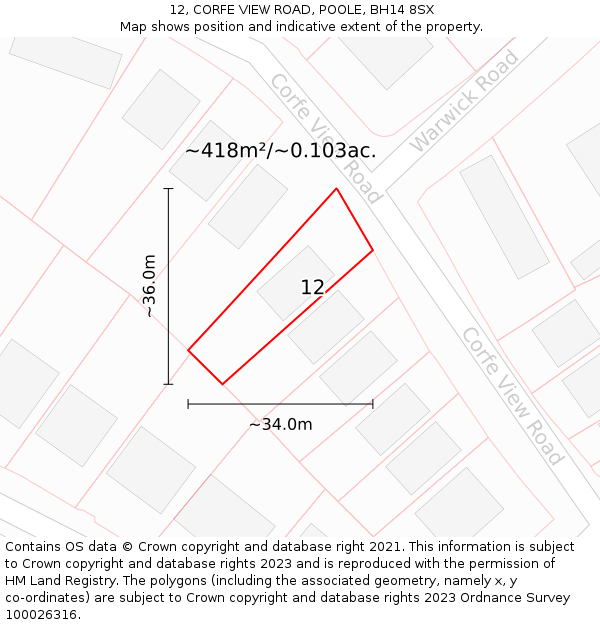 12, CORFE VIEW ROAD, POOLE, BH14 8SX: Plot and title map