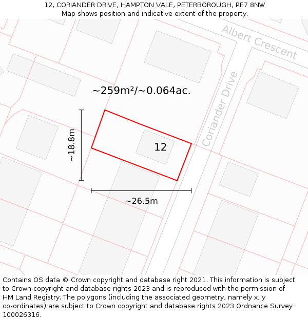 12, CORIANDER DRIVE, HAMPTON VALE, PETERBOROUGH, PE7 8NW: Plot and title map