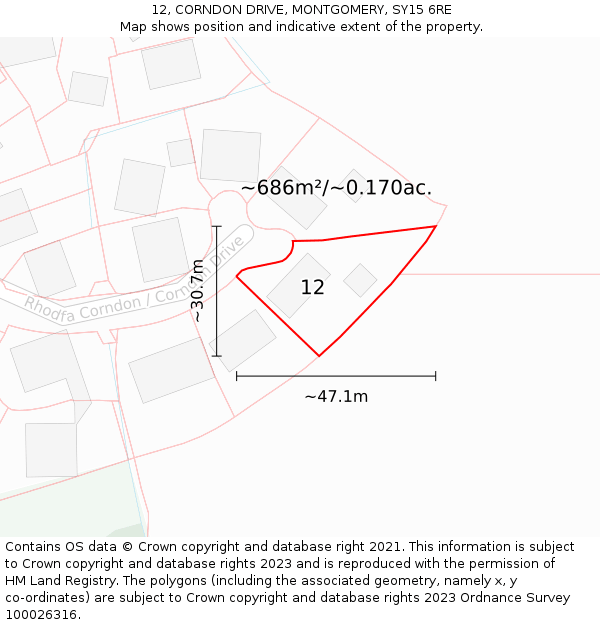 12, CORNDON DRIVE, MONTGOMERY, SY15 6RE: Plot and title map