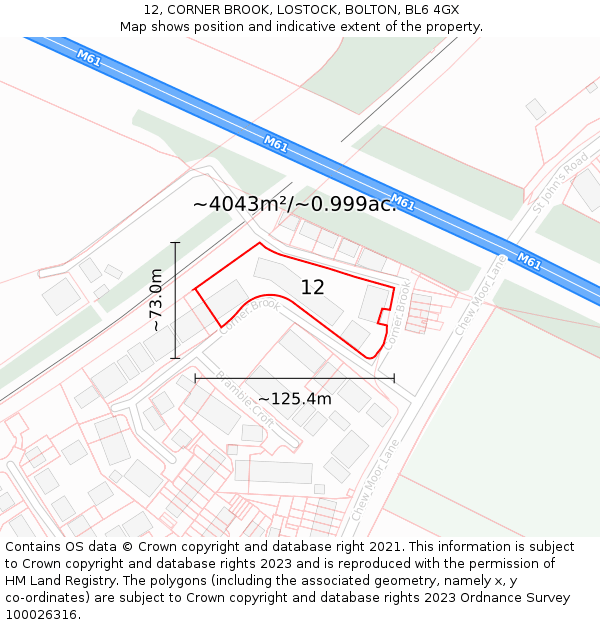 12, CORNER BROOK, LOSTOCK, BOLTON, BL6 4GX: Plot and title map